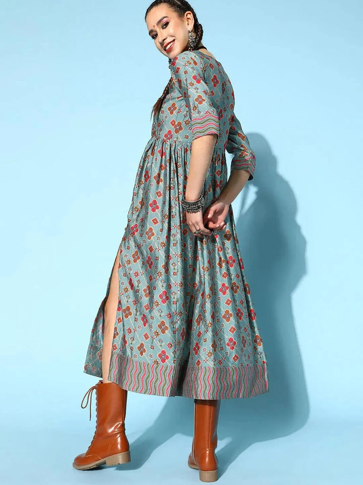 Blue Printed Silk Dress - Libas