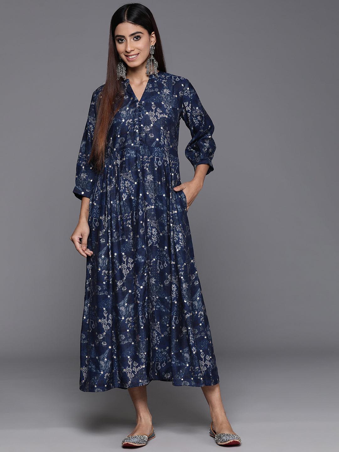 Blue Printed Silk Fit and Flare Dress