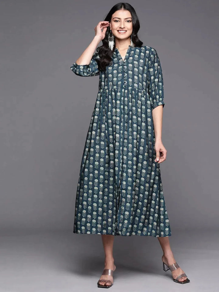 Blue Printed Silk Fit and Flare Dress - Libas