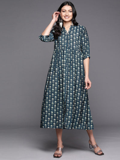 Blue Printed Silk Fit and Flare Dress - Libas