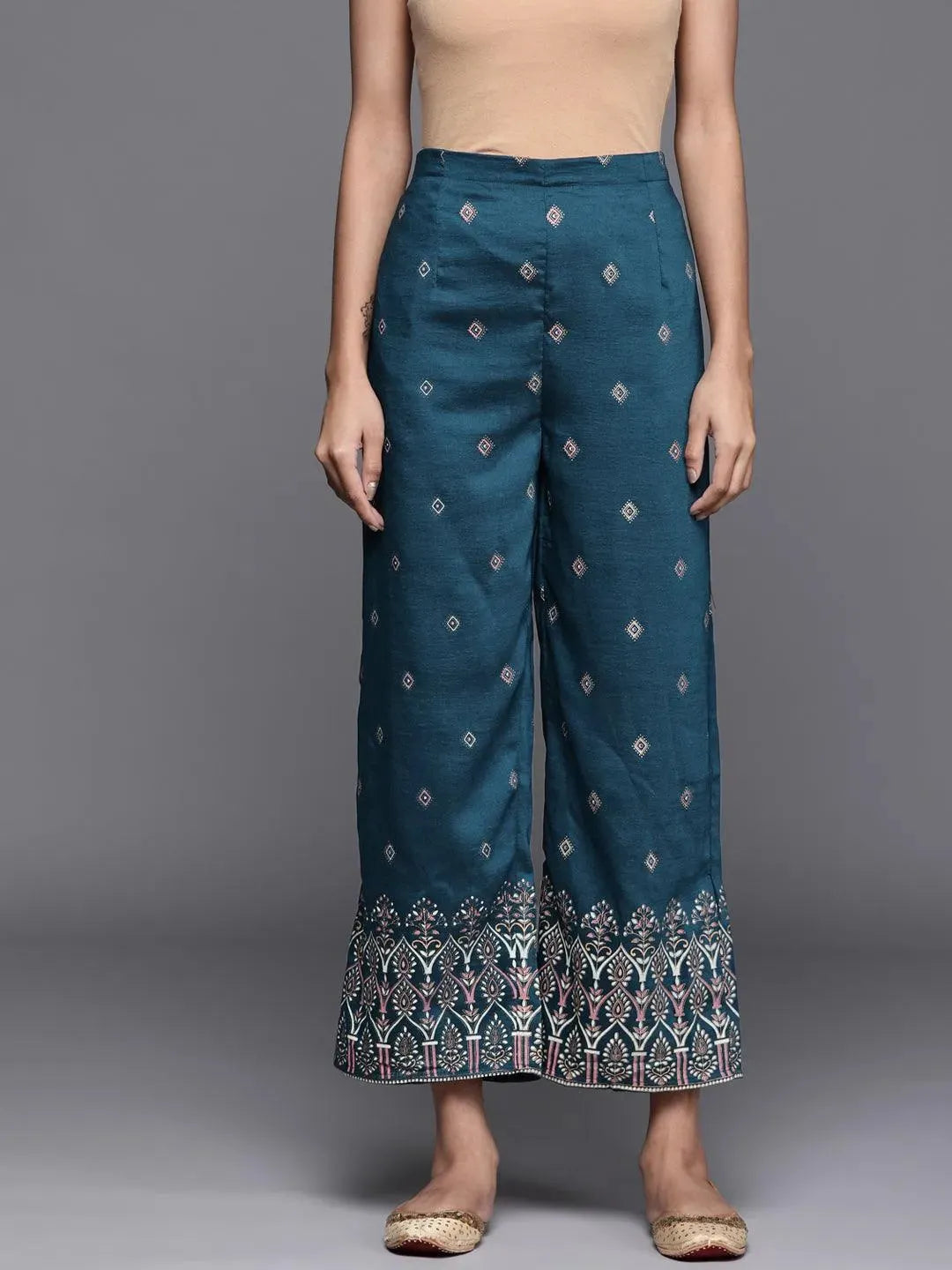 Blue Printed Silk Palazzos - Libas