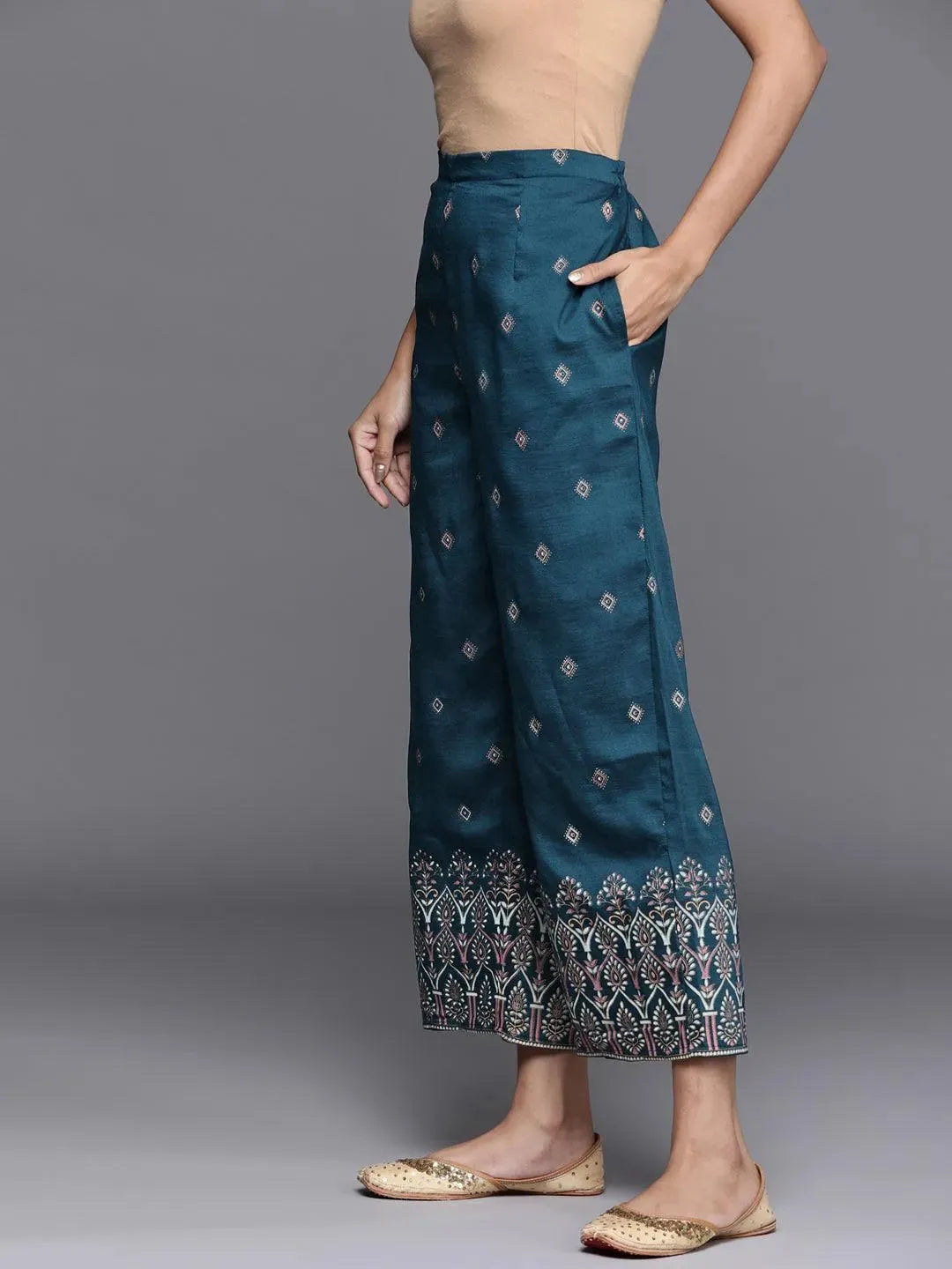 Blue Printed Silk Palazzos - Libas