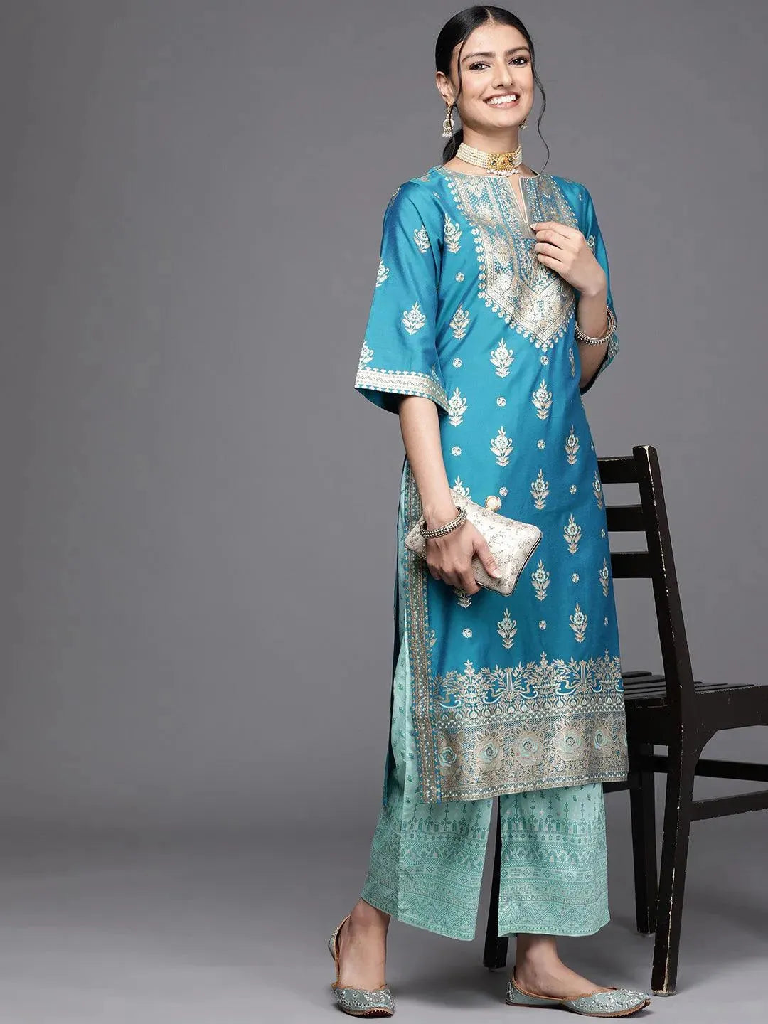 Blue Printed Silk Palazzos - Libas