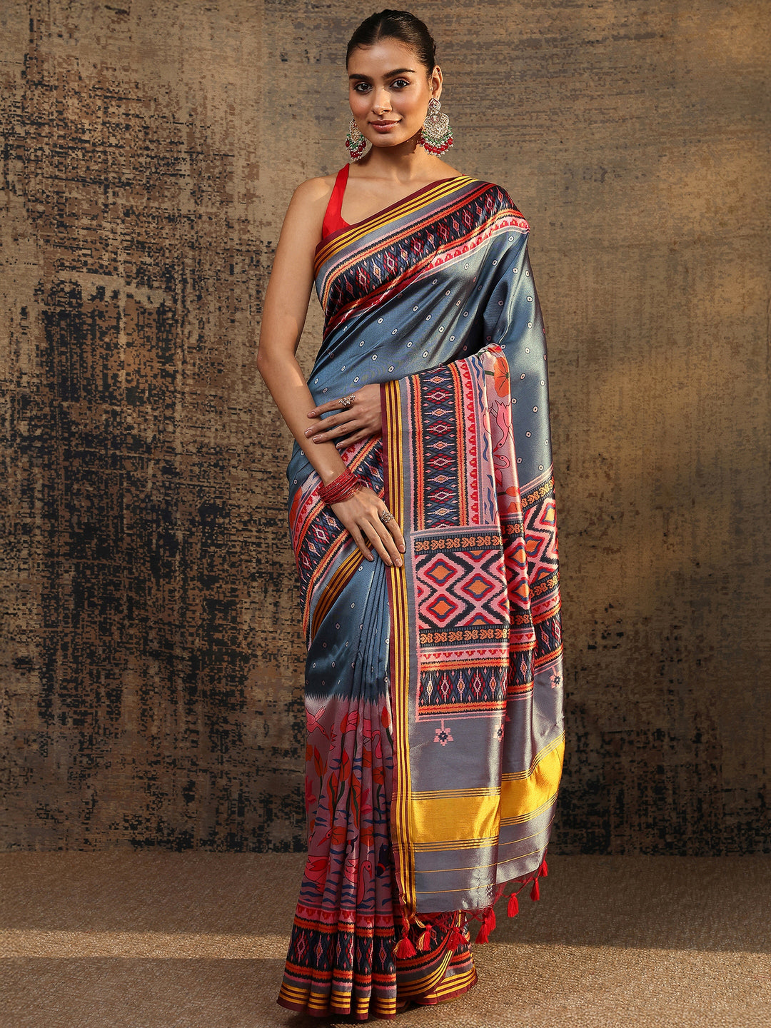  Blue Printed Silk Saree With Unstitched Blouse Piece 