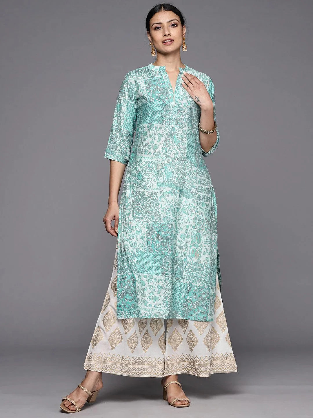 Blue Printed Silk Straight Kurta - Libas