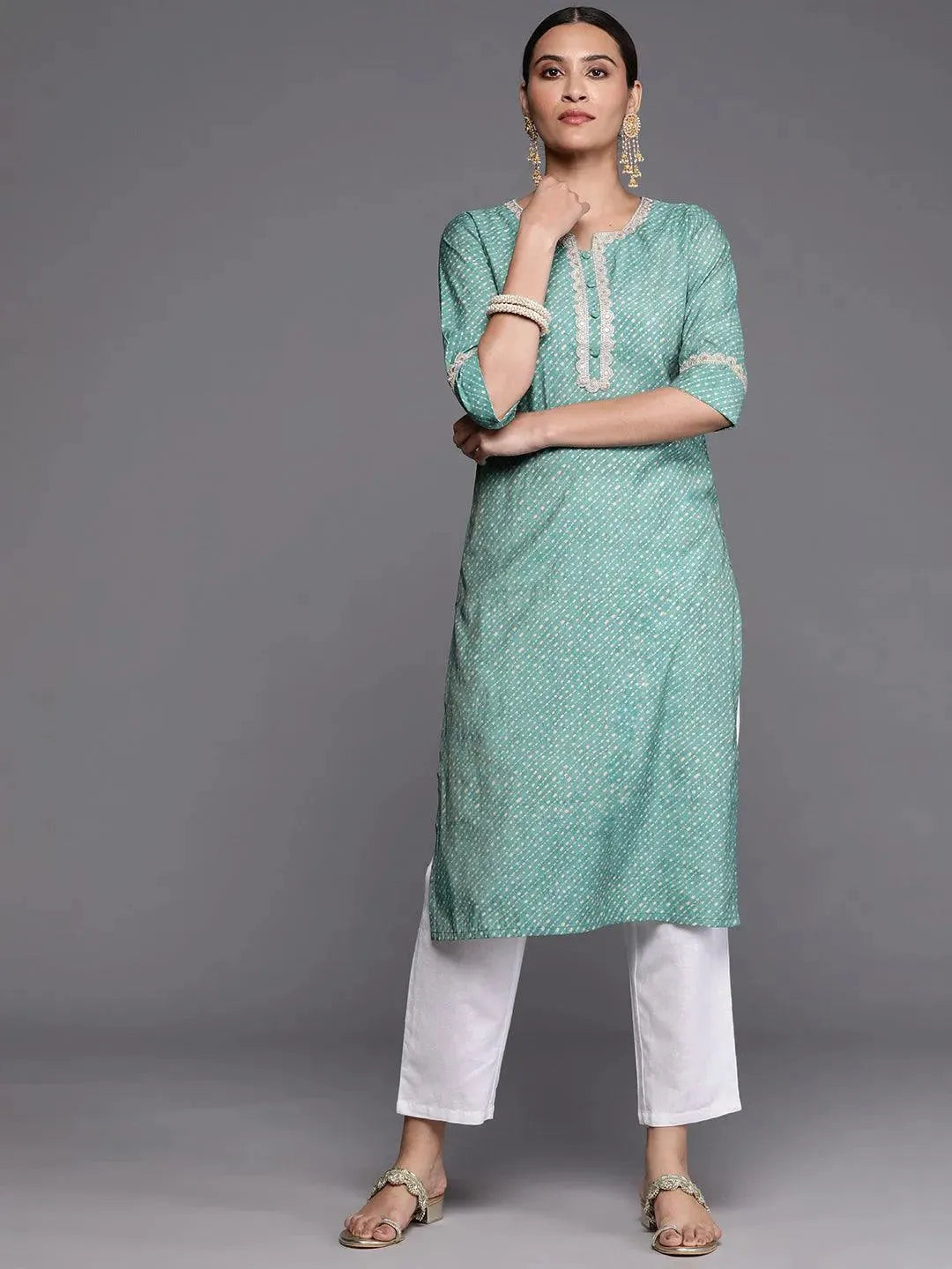 Blue Printed Silk Straight Kurta - Libas