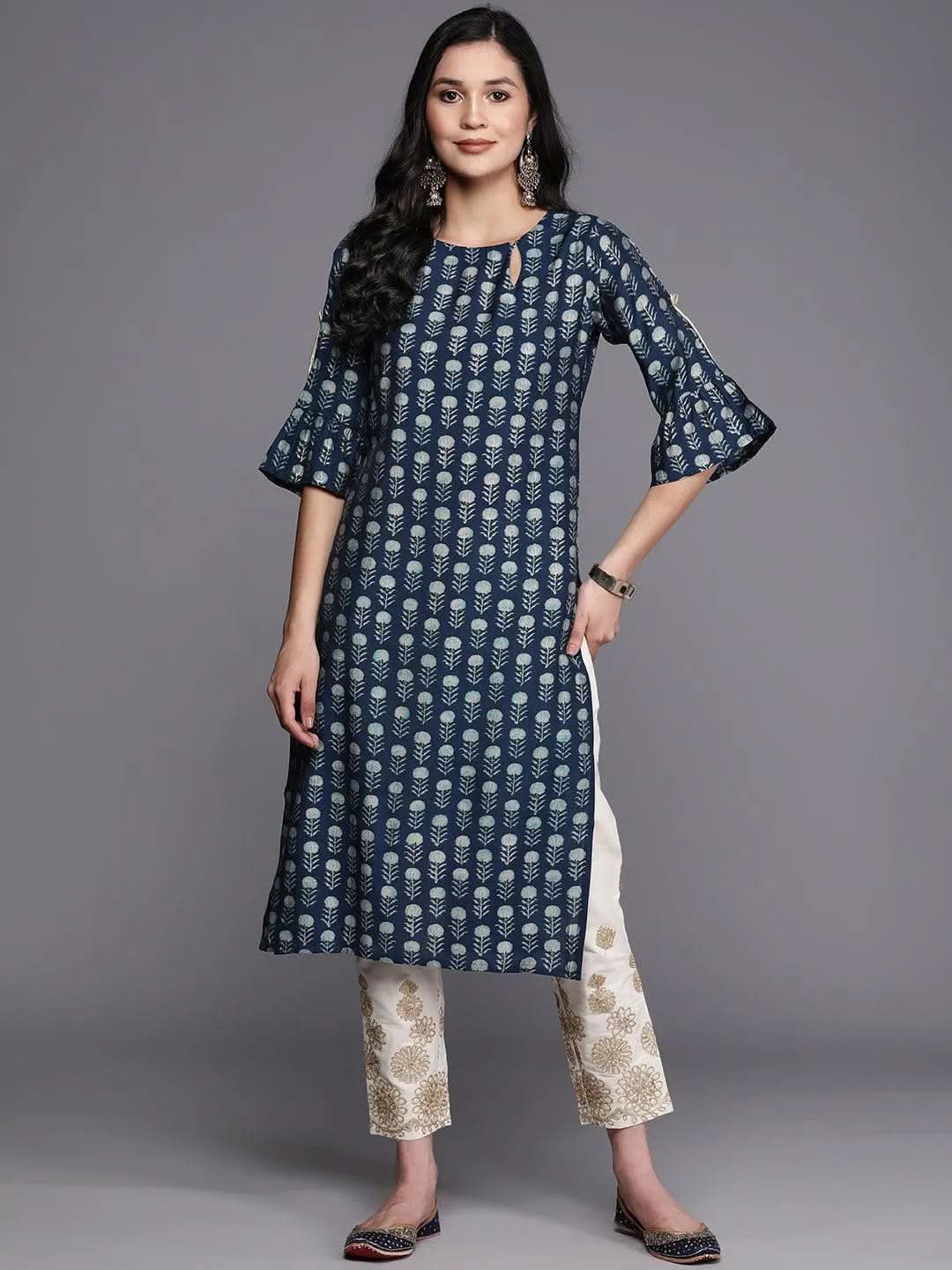 

Blue Printed Silk Straight Kurta