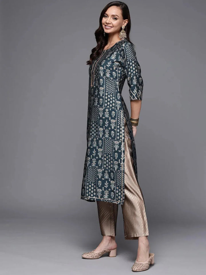 Blue Printed Silk Straight Kurta - Libas