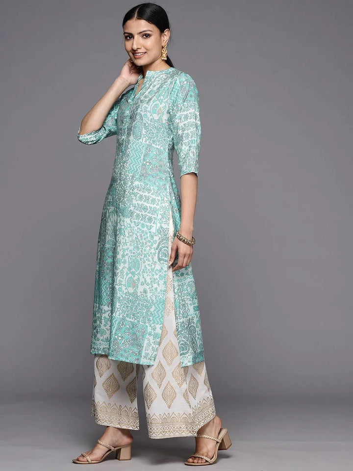 Blue Printed Silk Straight Kurta - Libas