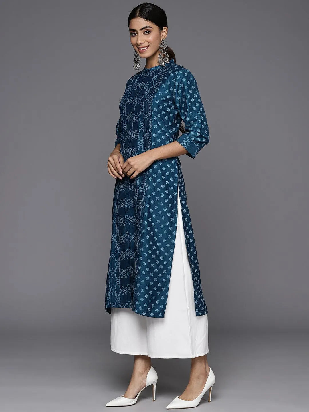 Blue Printed Silk Straight Kurta - Libas 