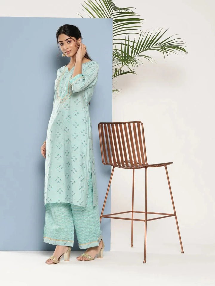 Blue Printed Silk Straight Kurta - Libas