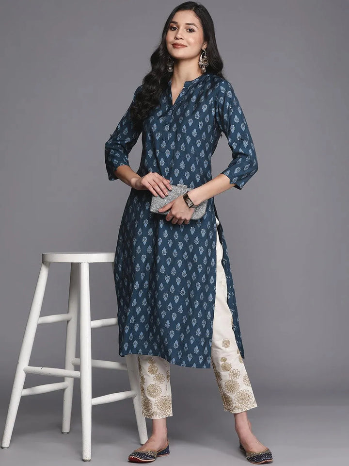 Blue Printed Silk Straight Kurta - Libas