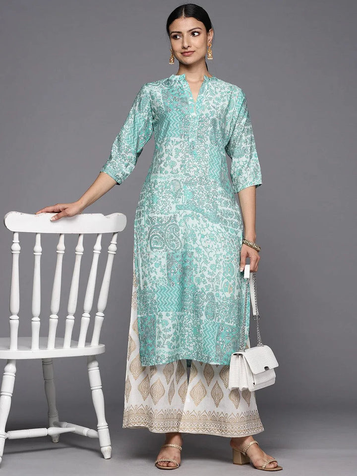 Blue Printed Silk Straight Kurta - Libas