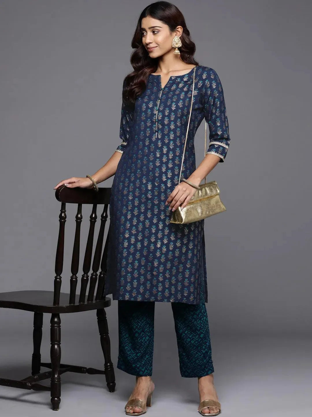 Blue Printed Silk Straight Kurta - Libas 