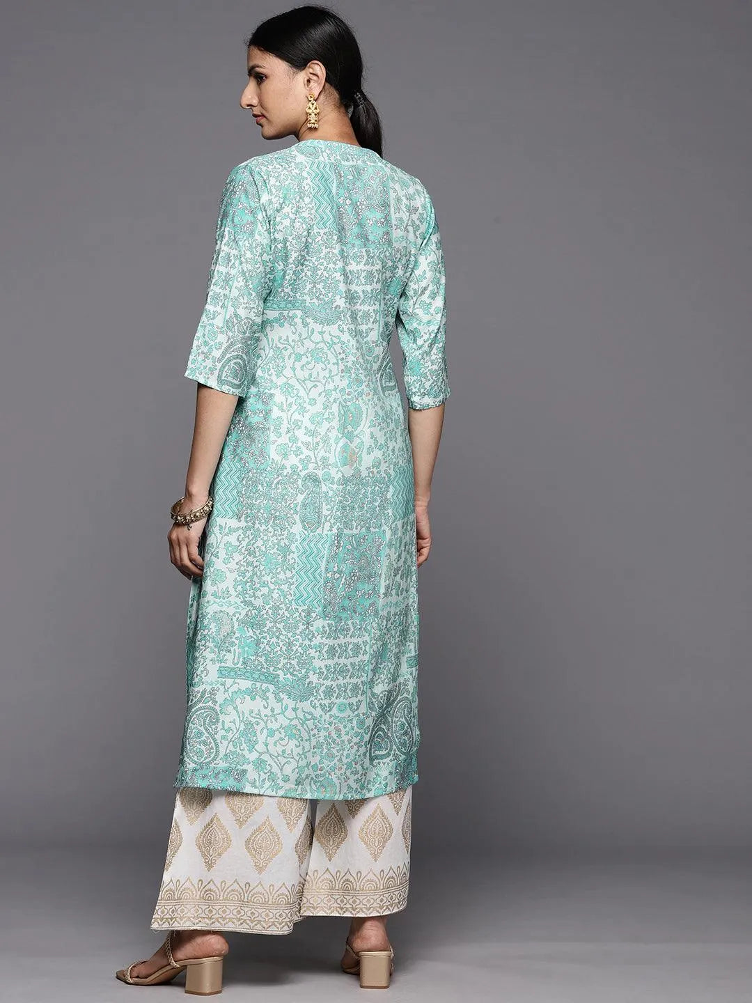 Blue Printed Silk Straight Kurta - Libas