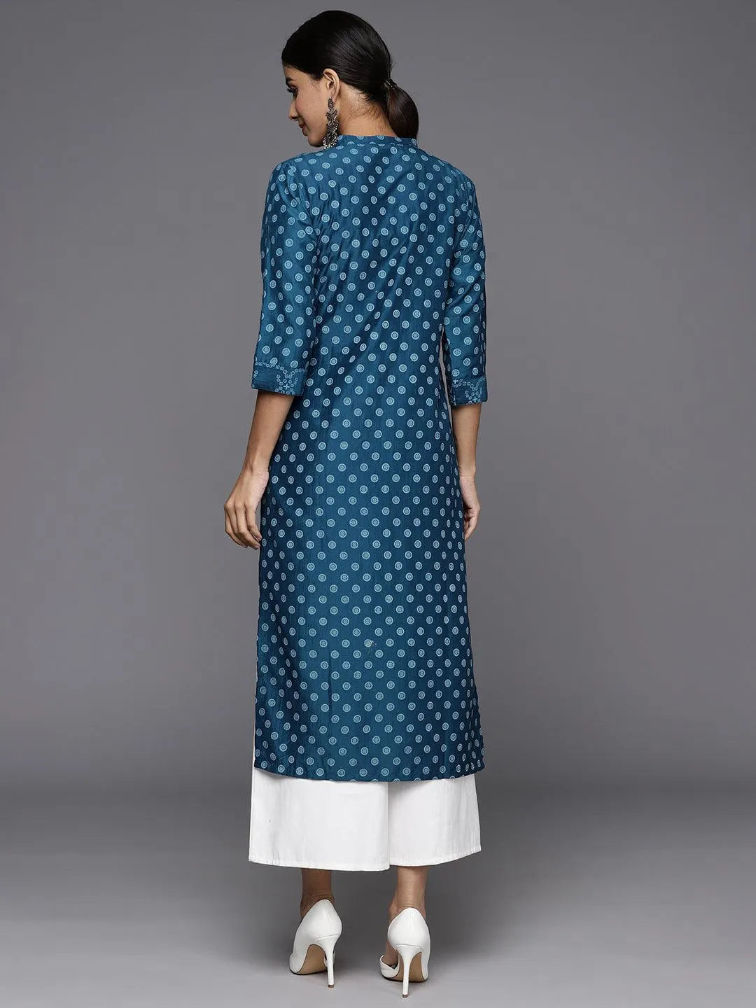 Blue Printed Silk Straight Kurta - Libas 
