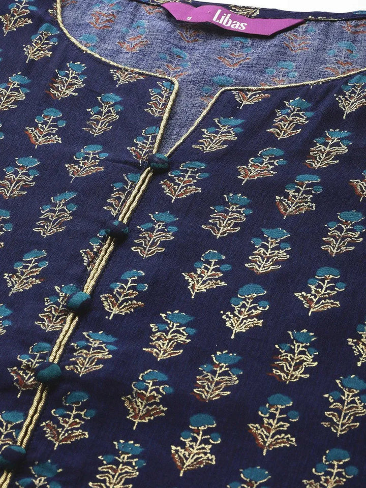 Blue Printed Silk Straight Kurta - Libas