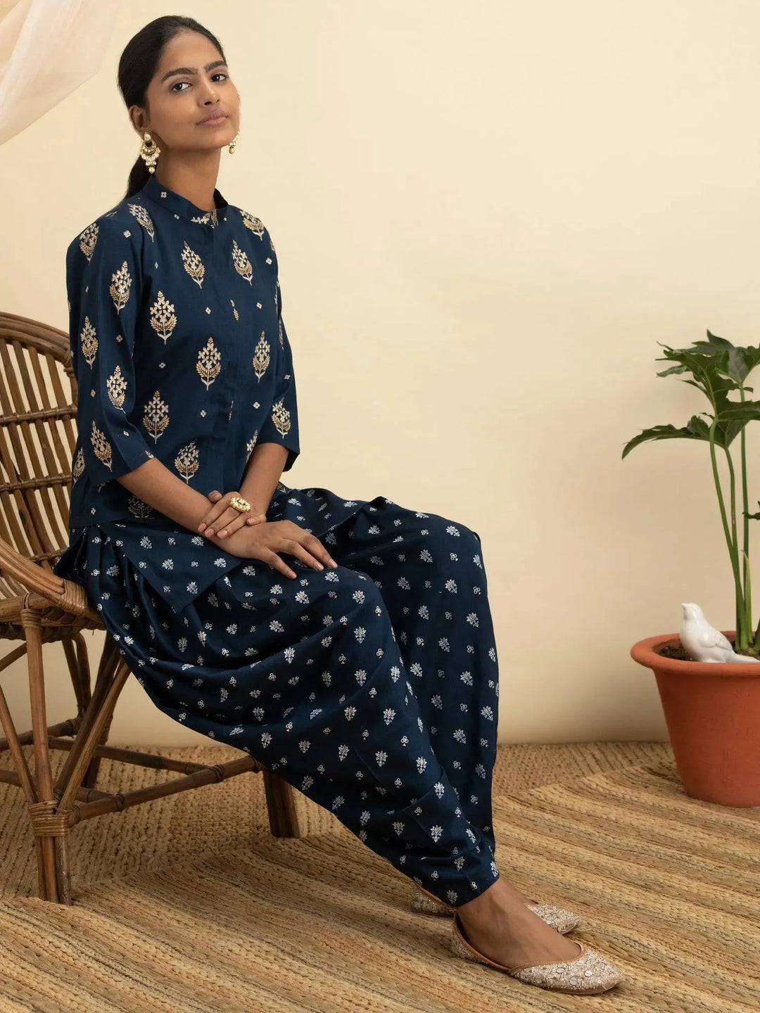 Blue Printed Silk Kurta Set with Jacket - Libas