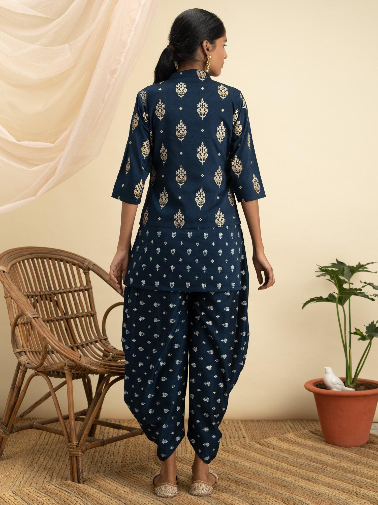 Blue Printed Silk Straight Kurta With Dhoti Pant & Dupatta