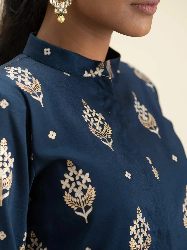 Blue Printed Silk Kurta Set with Jacket - Libas