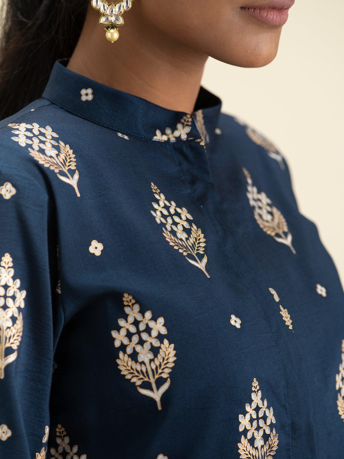 Blue Printed Silk Kurta Set with Jacket - Libas