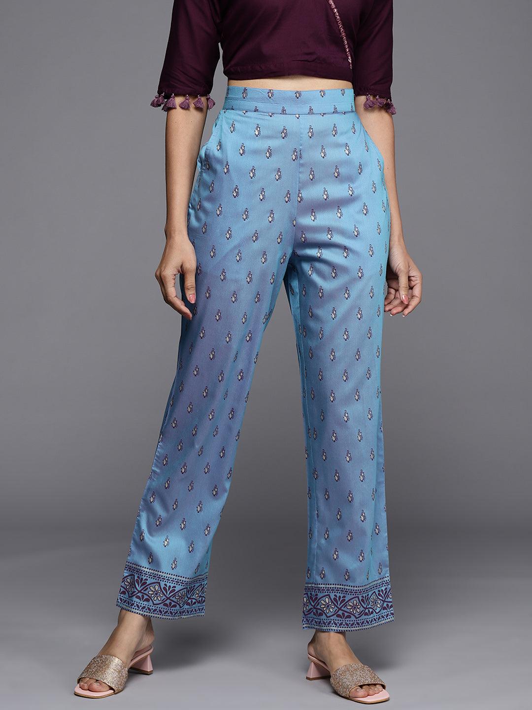 Blue Printed Silk Trousers