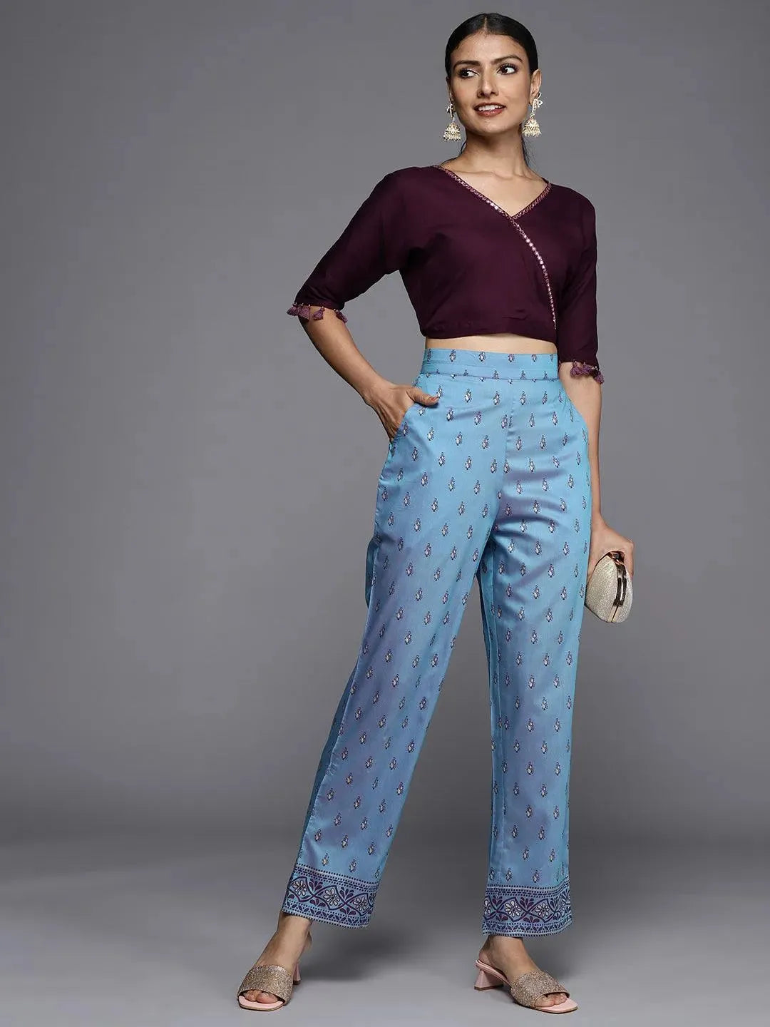 Blue Printed Silk Trousers - Libas 