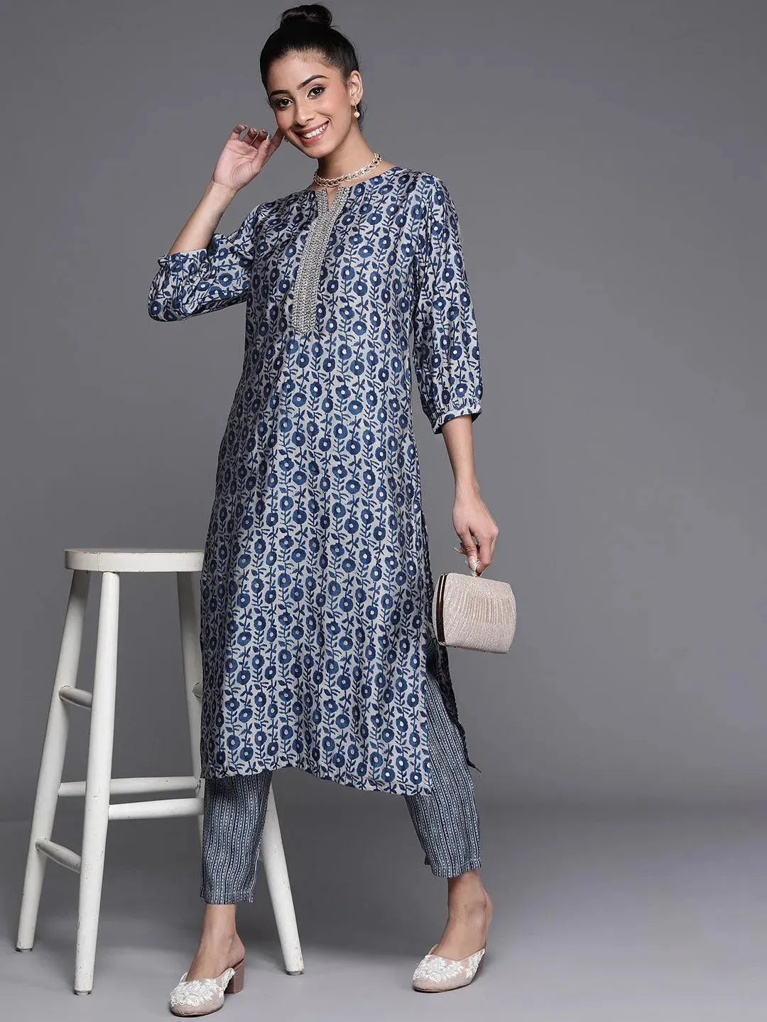 Blue Printed Silk Trousers - Libas 