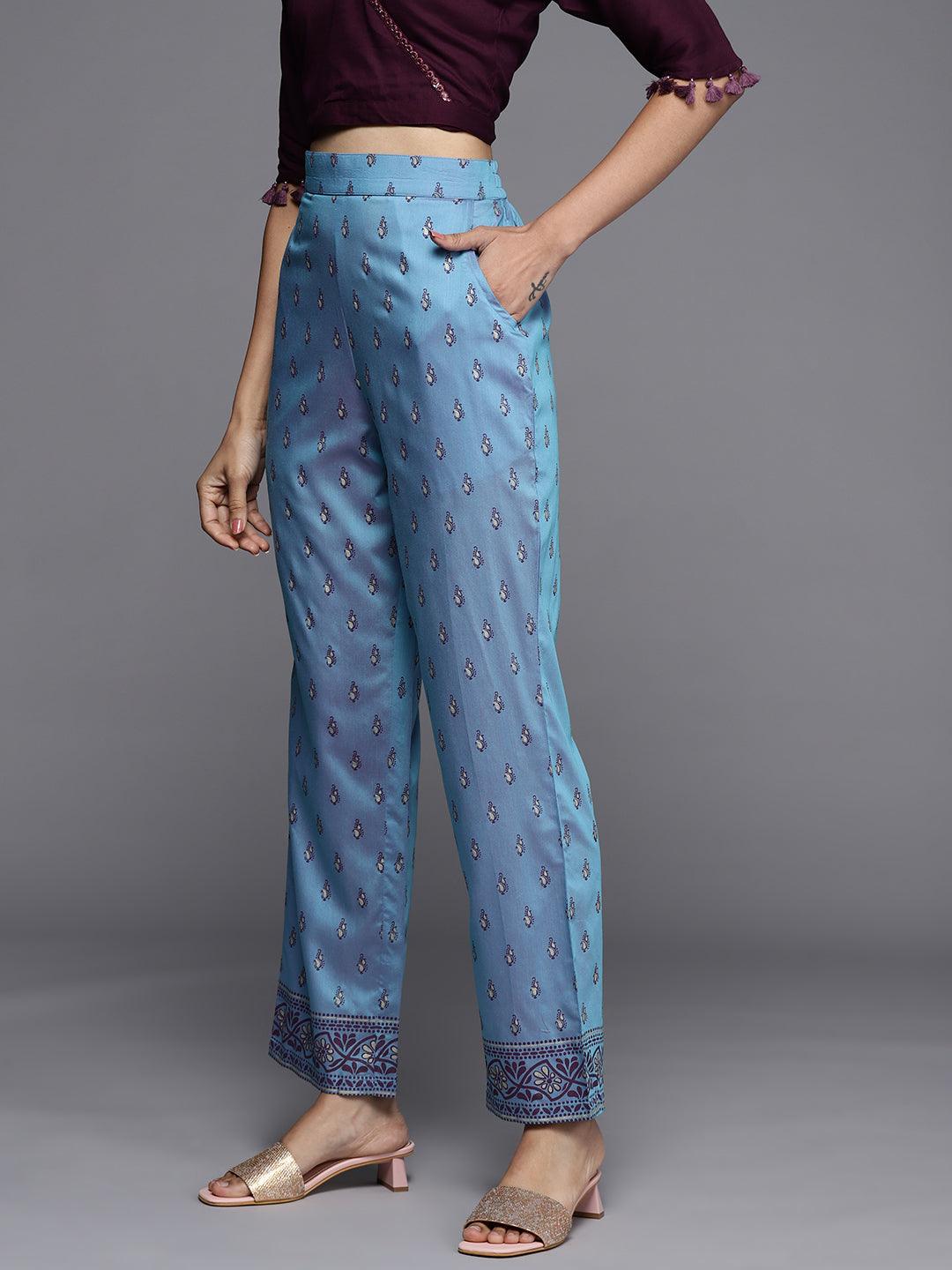 Blue Printed Silk Trousers