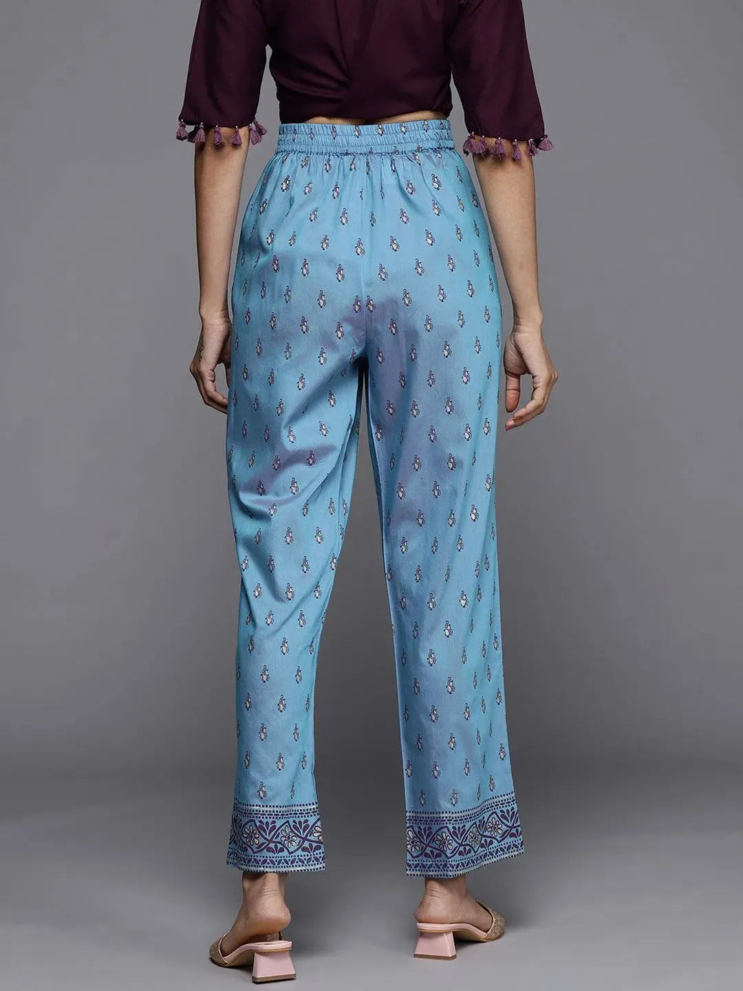 Blue Printed Silk Trousers - Libas 