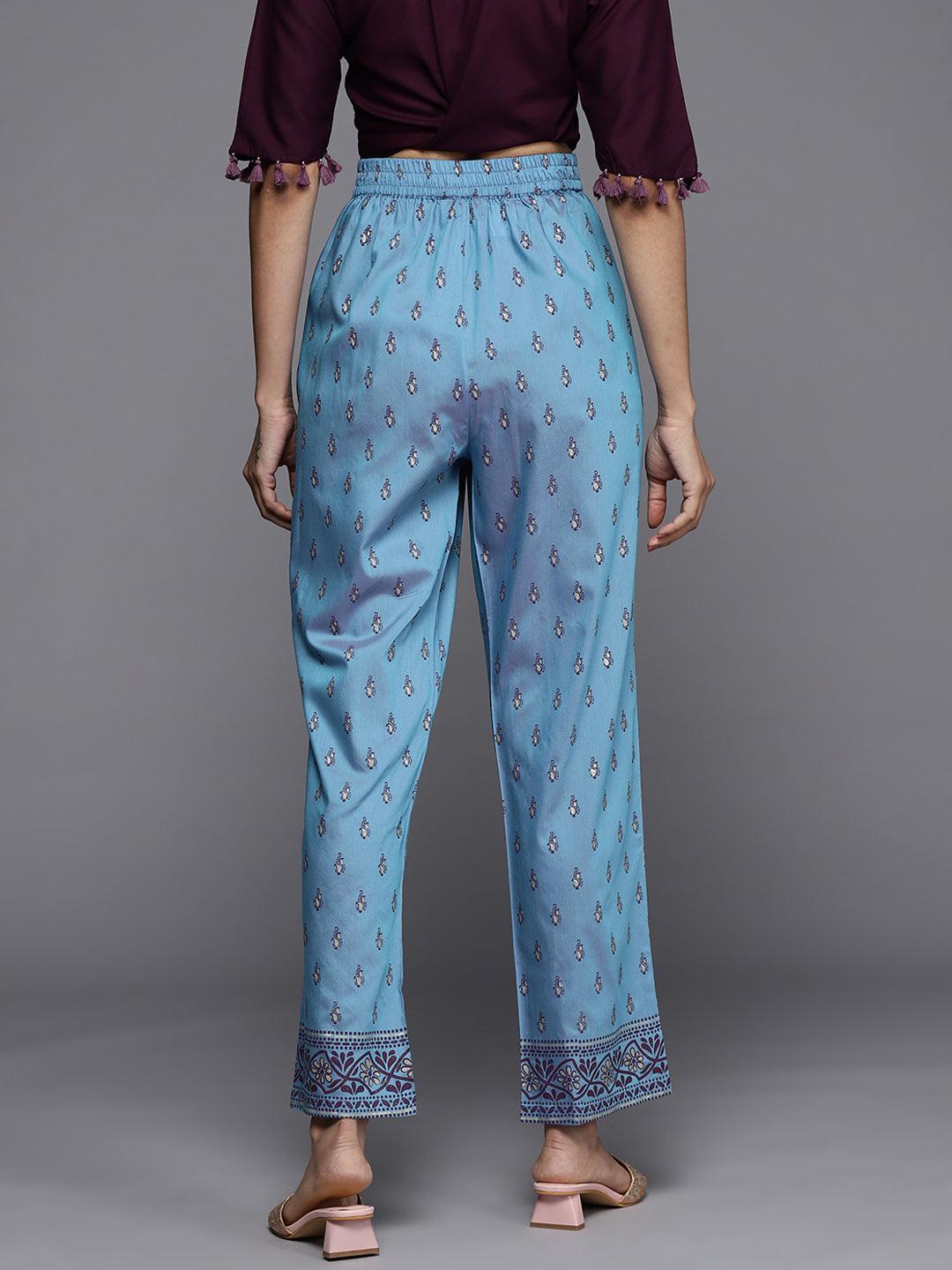 Blue Printed Silk Trousers - Libas