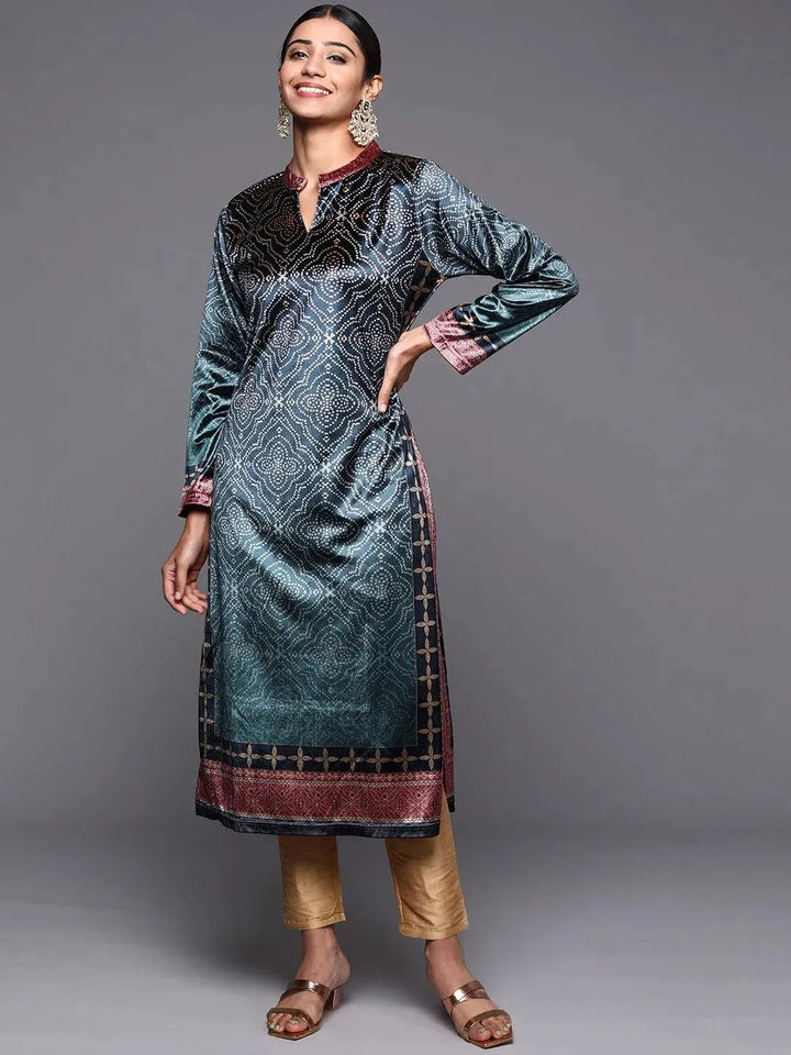 Blue Printed Velvet Straight Kurta - Libas