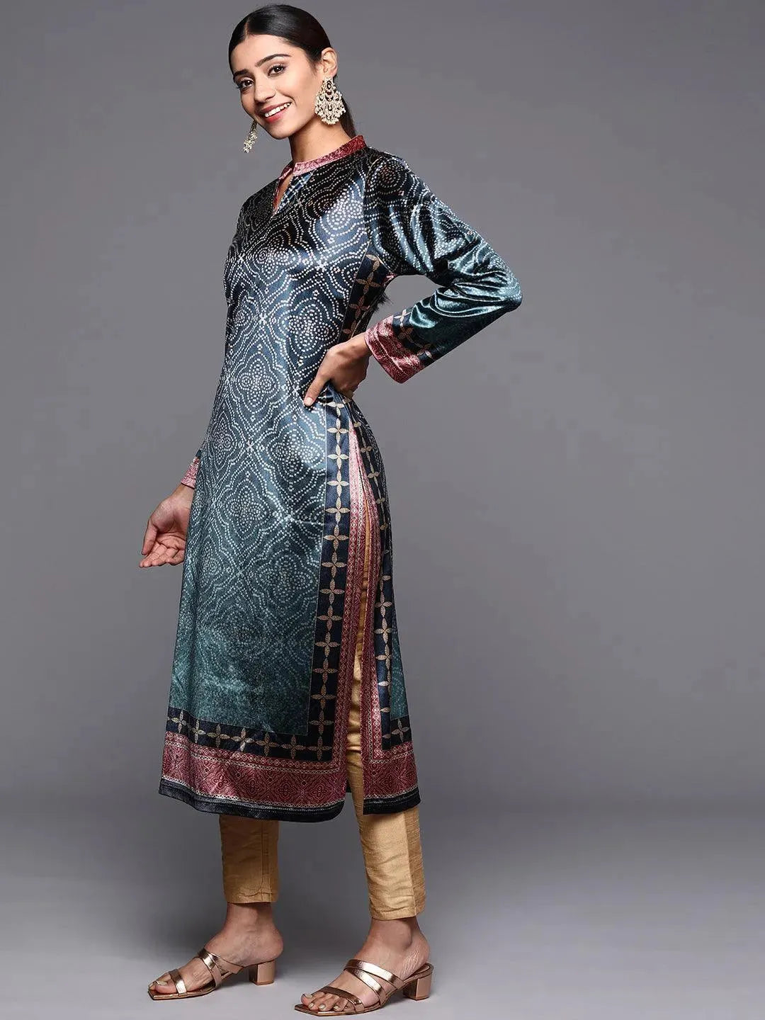 Blue Printed Velvet Straight Kurta - Libas 