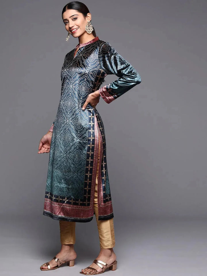 Blue Printed Velvet Straight Kurta - Libas