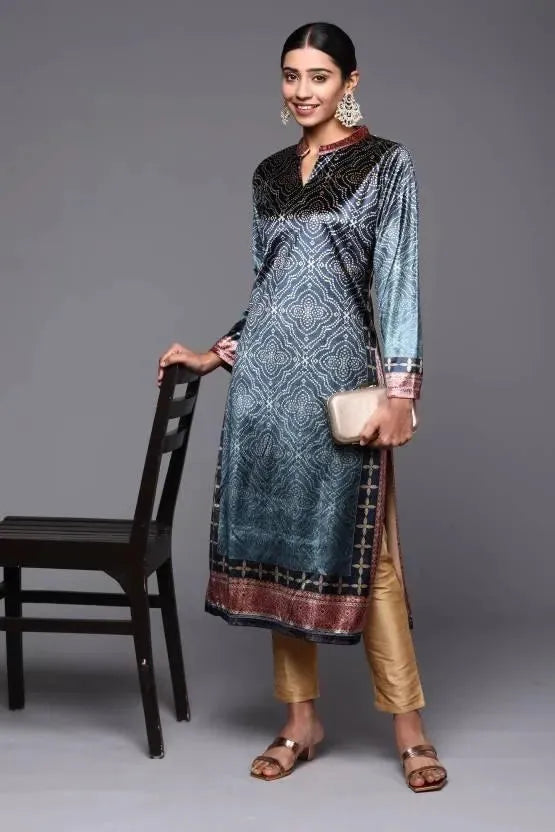 Blue Printed Velvet Straight Kurta - Libas