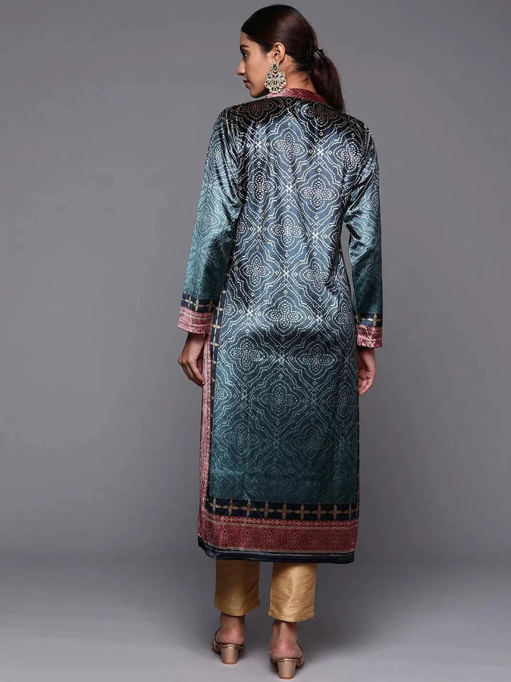 Blue Printed Velvet Straight Kurta - Libas