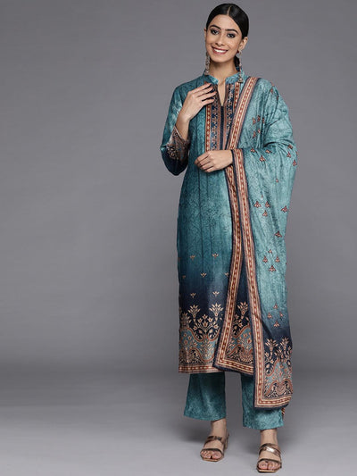Blue Printed Velvet Straight Suit Set With Trousers - Libas