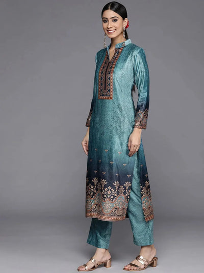 Blue Printed Velvet Straight Suit Set - Libas