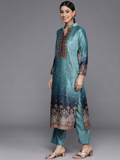 Blue Printed Velvet Straight Suit Set With Trousers - Libas