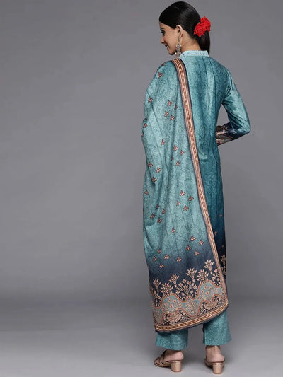 Blue Printed Velvet Straight Suit Set - Libas