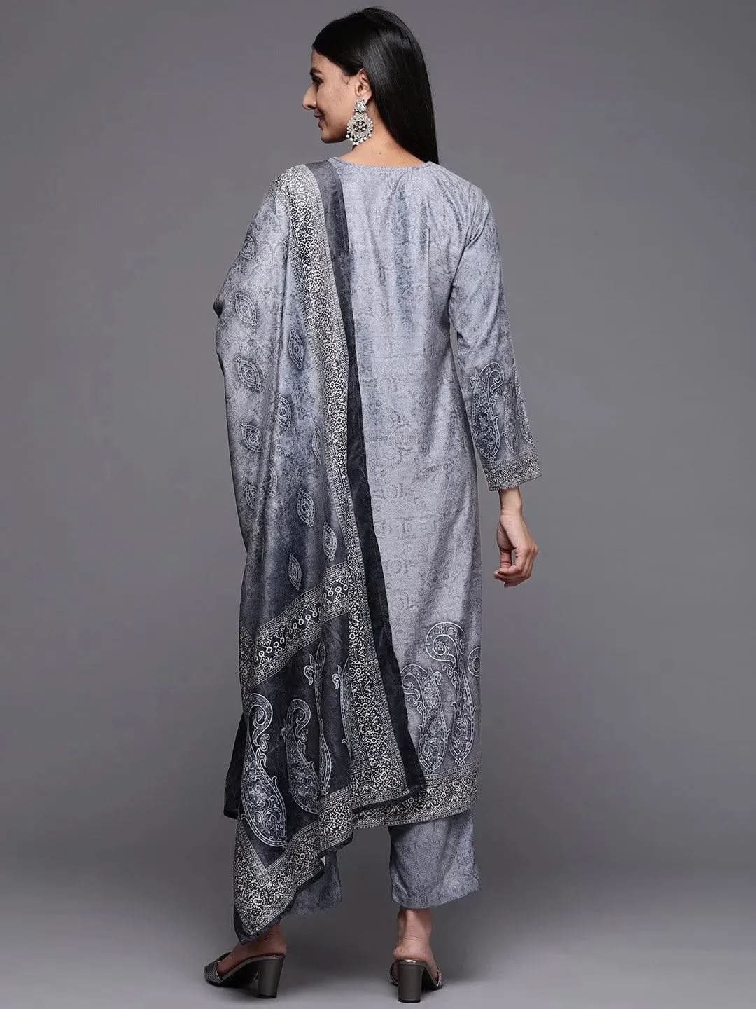 

Blue Printed Velvet Straight Kurta With Dupatta