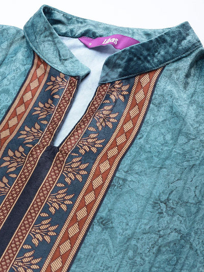 Blue Printed Velvet Straight Suit Set - Libas