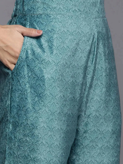 Blue Printed Velvet Straight Suit Set - Libas