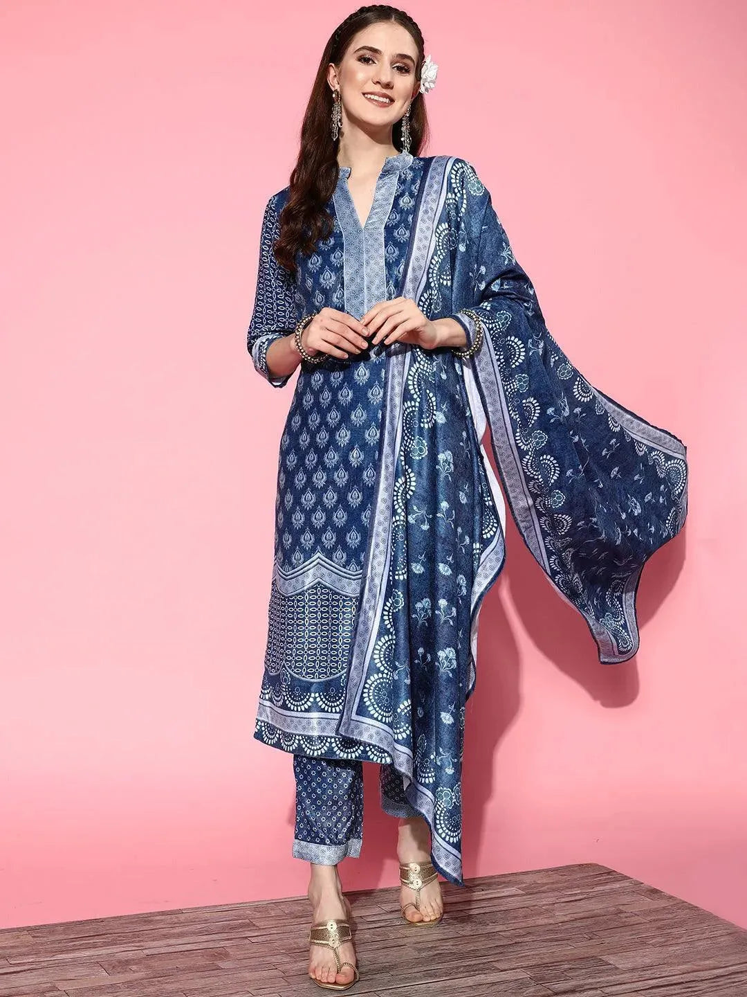 Blue Printed Velvet Straight Suit Set - Libas 