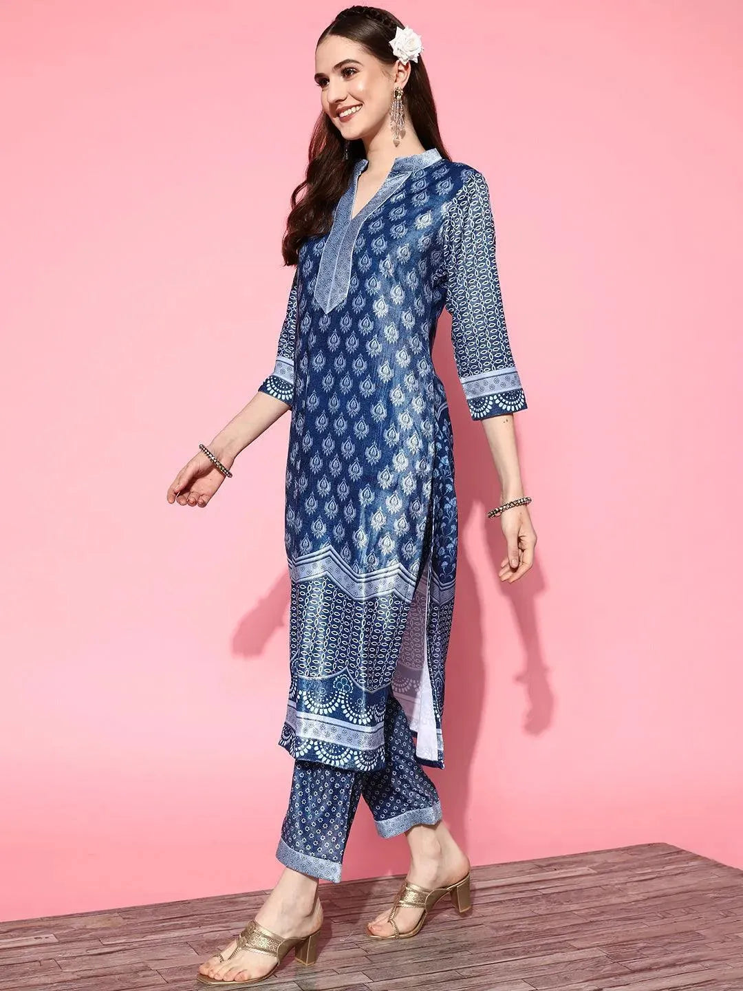 Blue Printed Velvet Straight Suit Set - Libas 