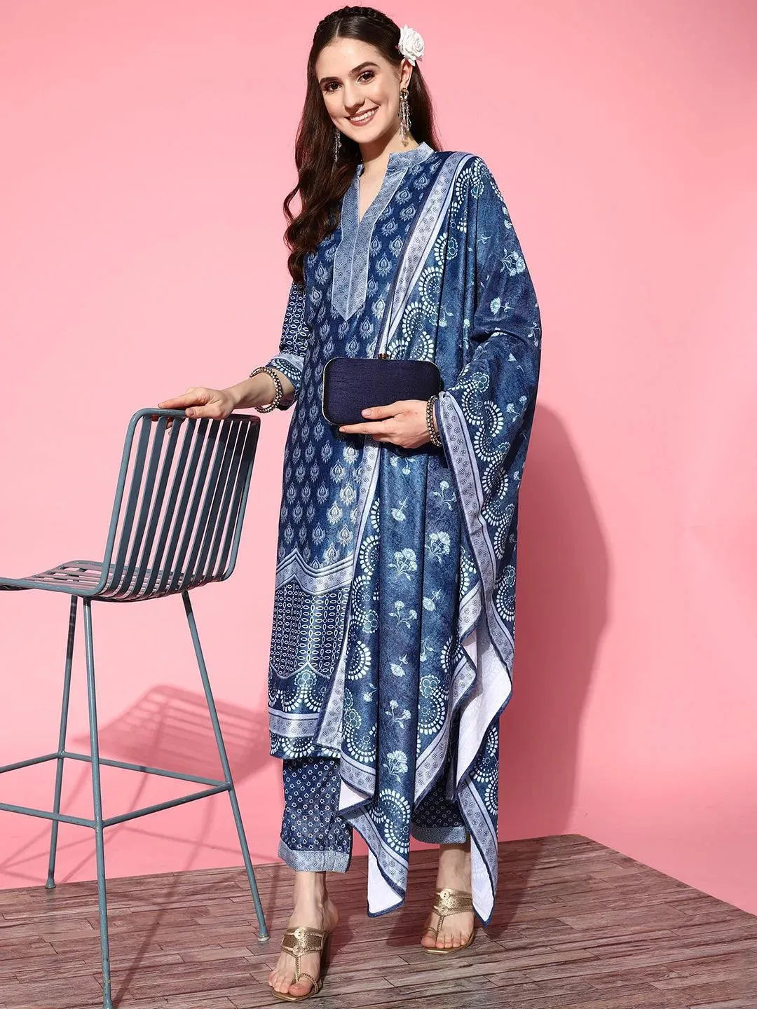 Blue Printed Velvet Straight Suit Set - Libas 