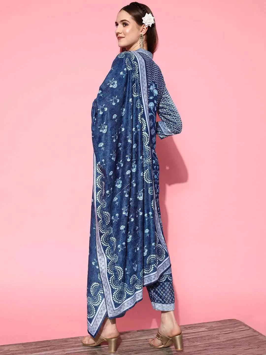 Blue Printed Velvet Straight Suit Set - Libas 