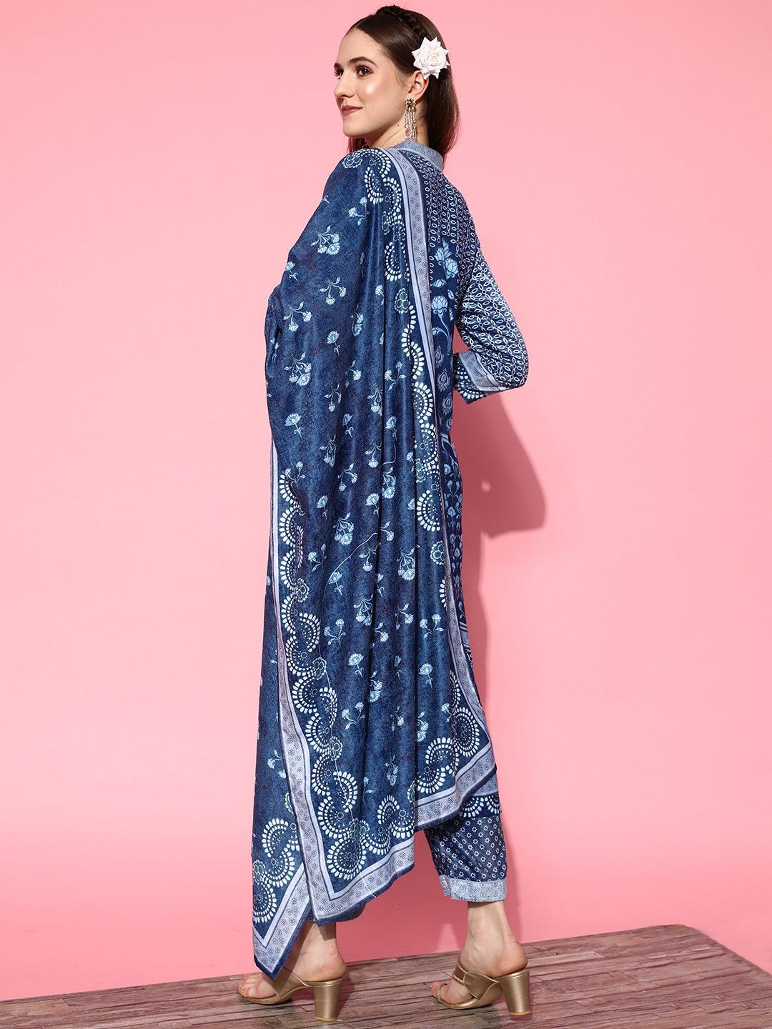 Blue Printed Velvet Straight Suit Set - Libas