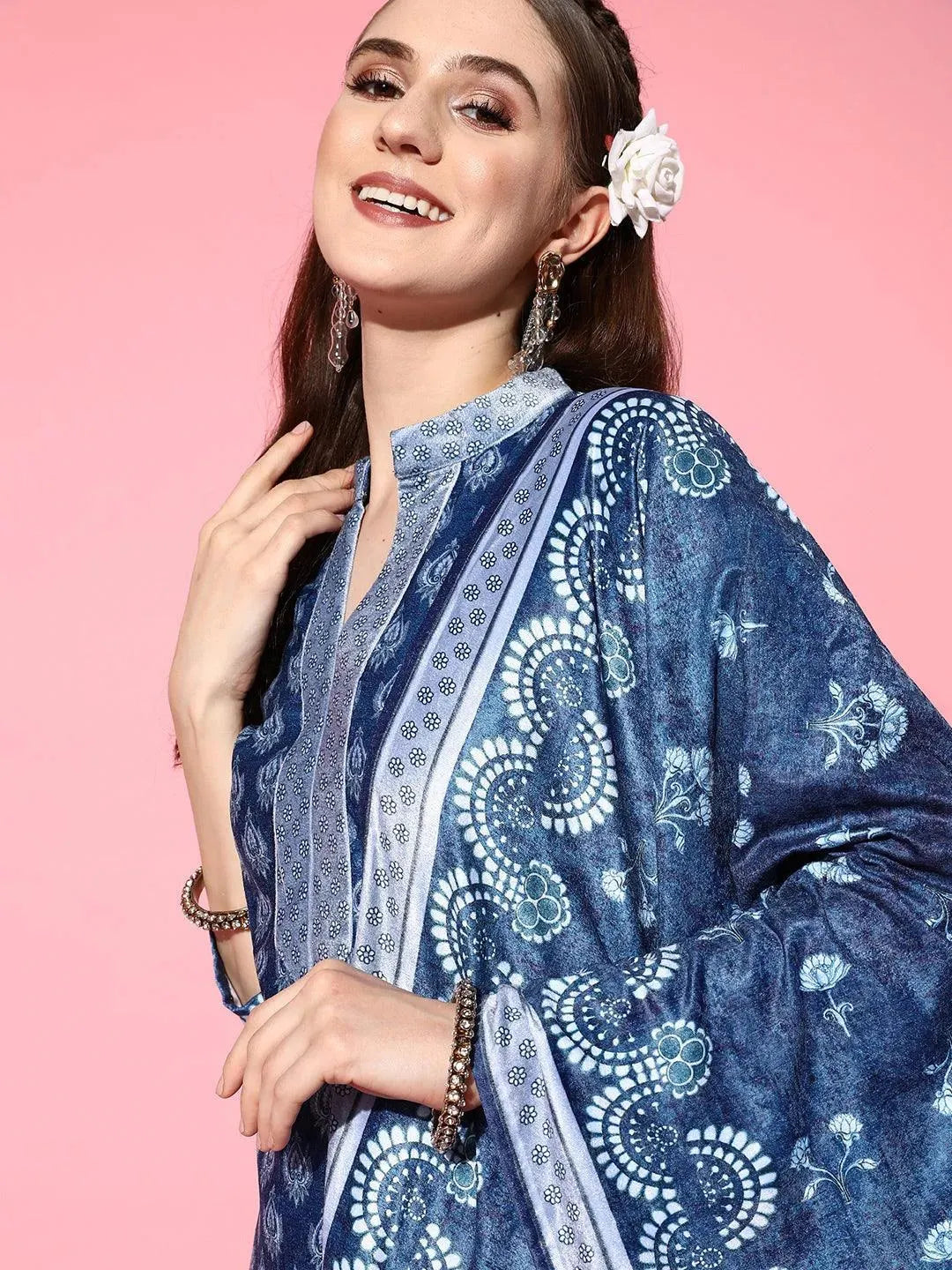 Blue Printed Velvet Straight Suit Set - Libas