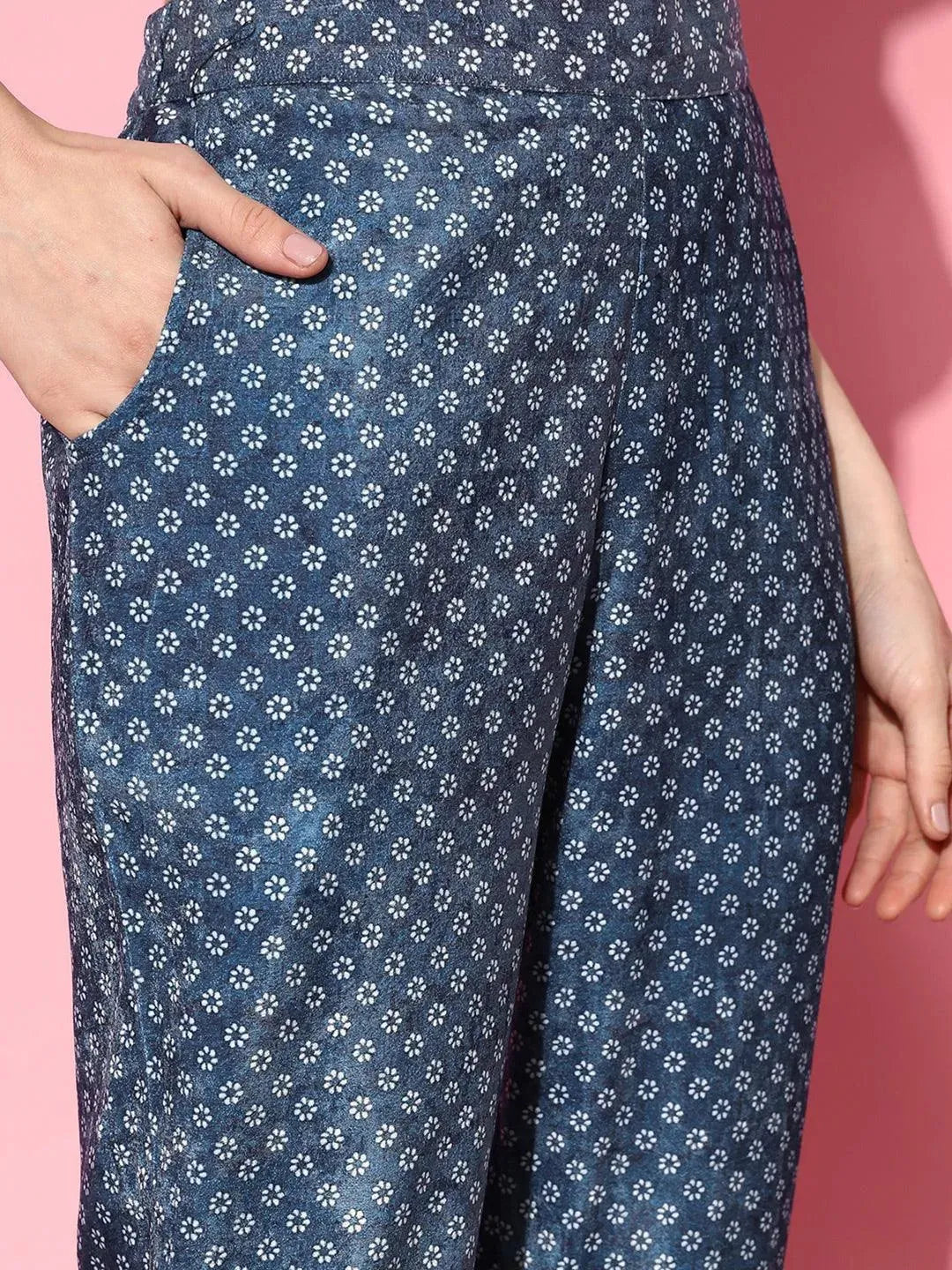 Blue Printed Velvet Straight Suit Set - Libas 